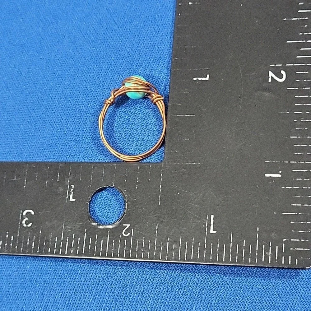 Copper‎ Wire Wrapped Ring Faux Turquoise Blue Stone Small Size 5 Urban Boho
